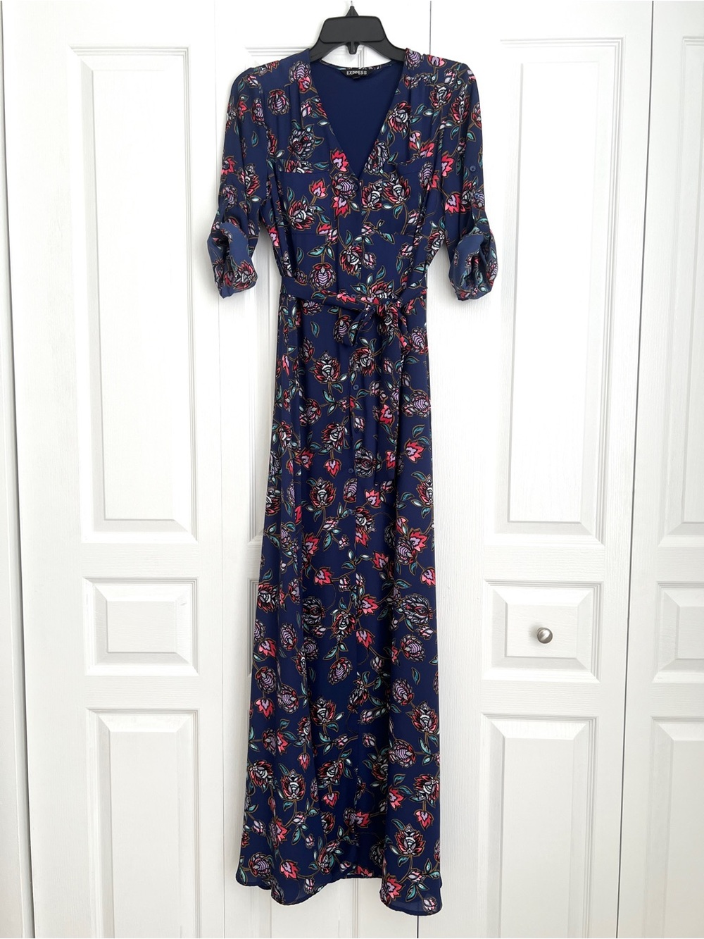 Express Navy Floral Wrap Maxi Dress with Pink and Green Accents